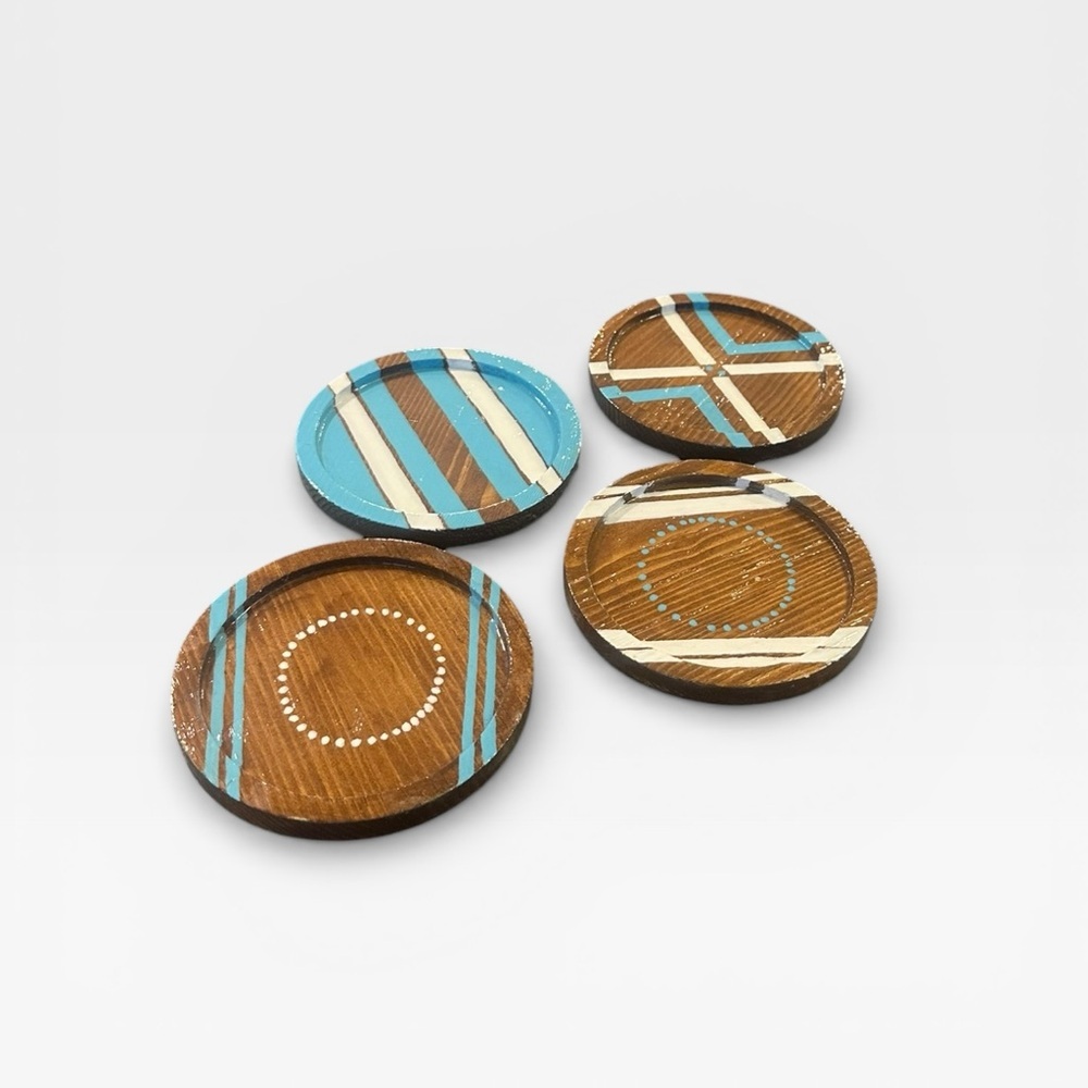 Handmade Wooden Blue and White Design Coasters